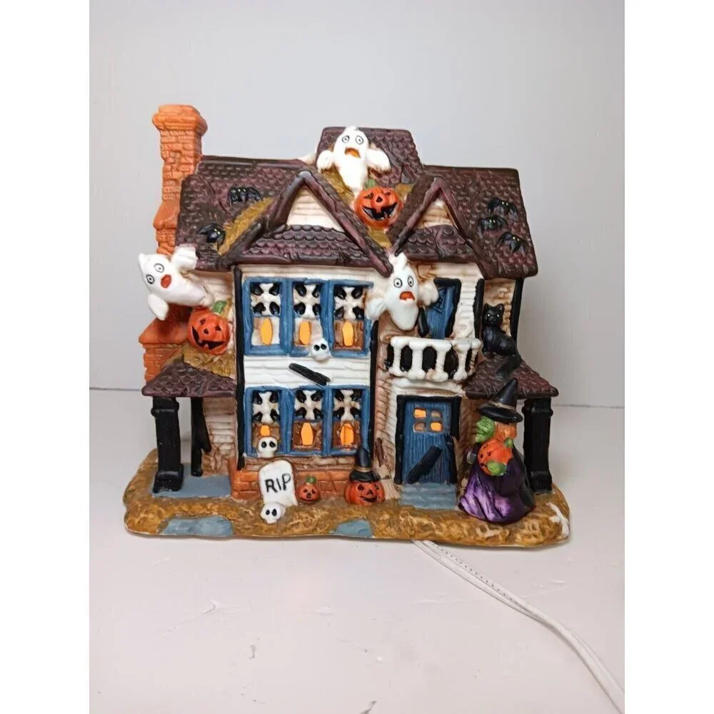 Rare MSR Imports Retired Half Halloween/Half Christmas Ceramic Light Up House